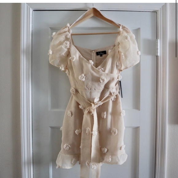 Lulus Beige Pom Pom Puff Sleeve Mini Dress - Picture 2 of 7